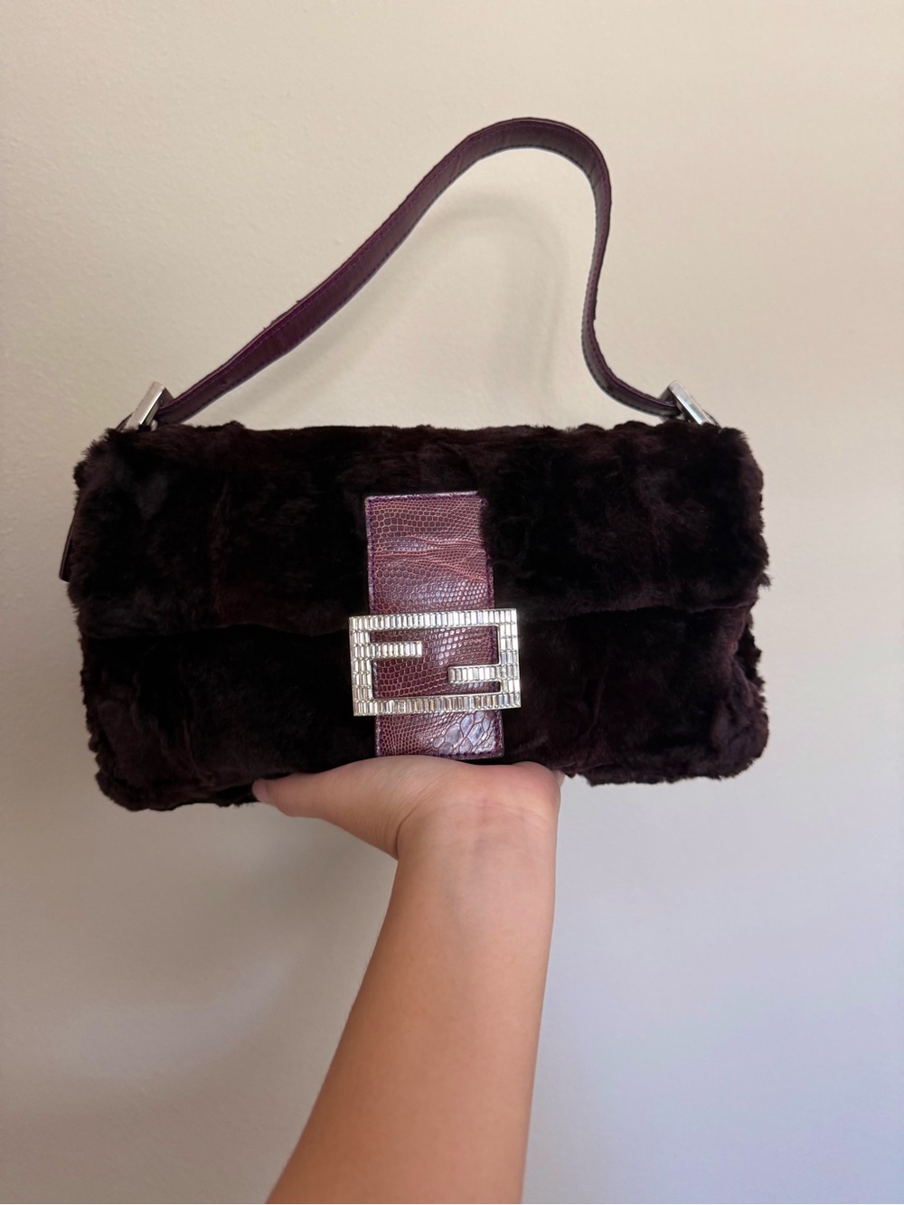 FENDI Burgundy Rabbit Fur Baguette Bag w Crystal Buckle and Lizard Trim